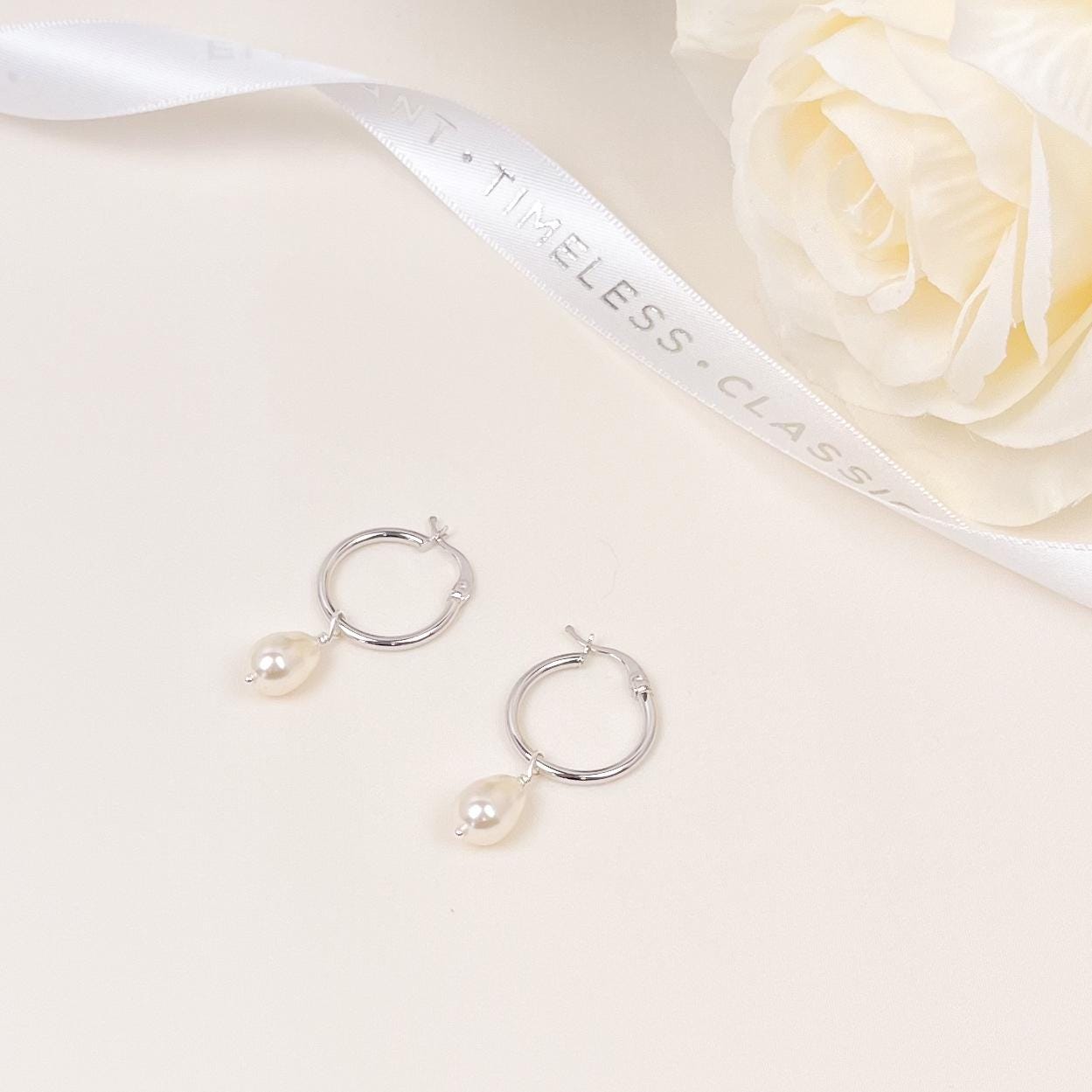 Pearl Teardrop Hoop Earrings Drop Dangle Gift Austrian Crystal Wedding Present for Mother of the Bride Jewelry Daughter in Law Bridal Shower