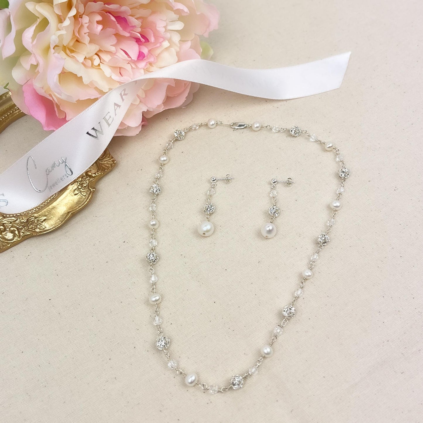 Wedding Jewelry Set Pearl Necklace Crystal Earrings Bridal Jewellery Gift Idea for Mother of Bride Present Daughter in Law Family Heirloom