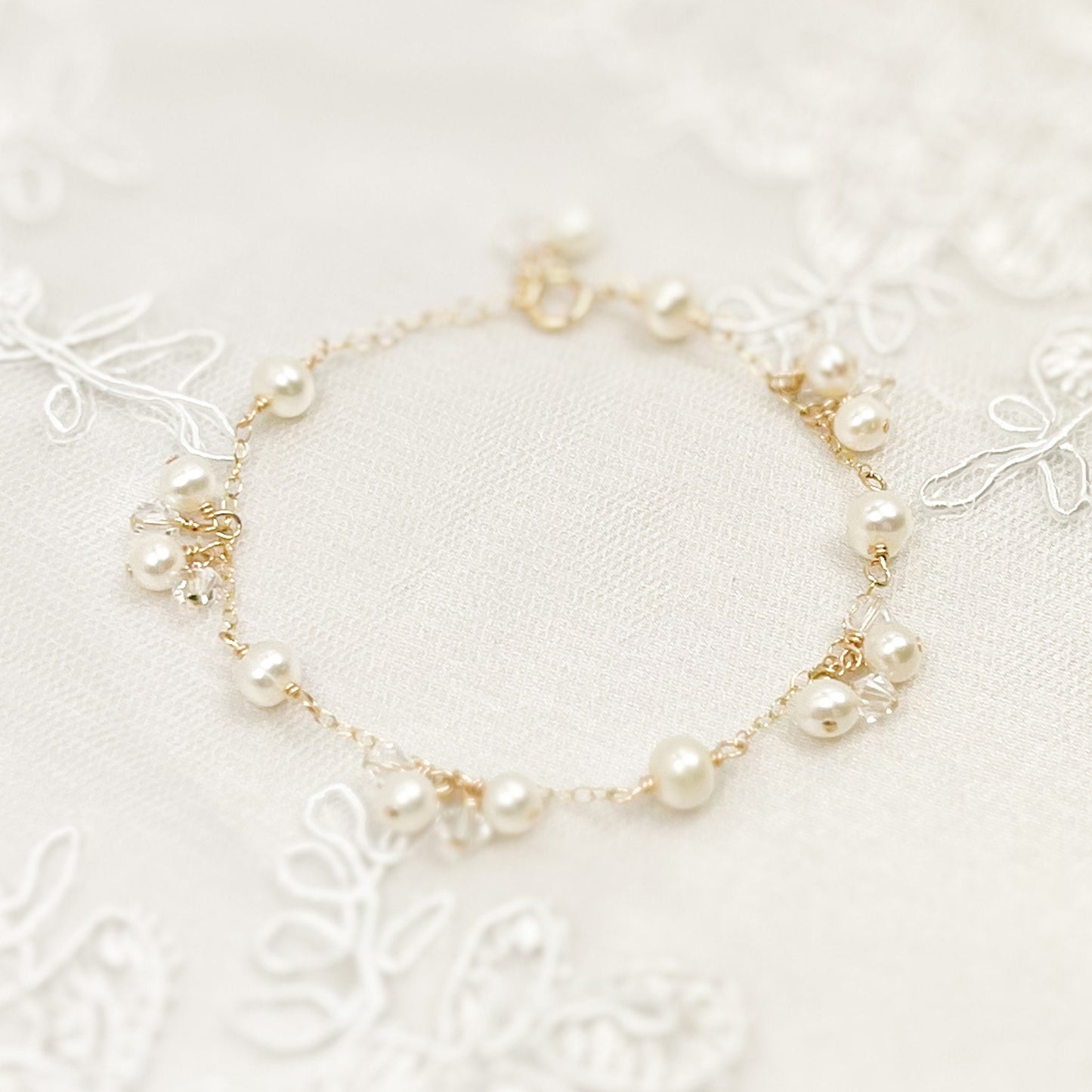 Charm Bracelet Austrian Crystal Freshwater Pearl Station Bracelet Gold Silver Anniversary Gift Idea for Wife Girlfriend Present Woman Girl