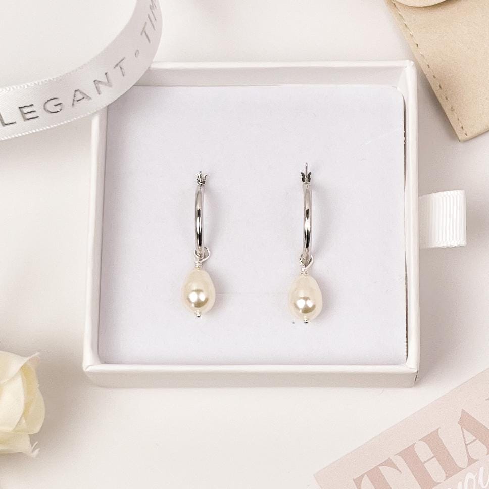 Pearl Teardrop Hoop Earrings Drop Dangle Gift Austrian Crystal Wedding Present for Mother of the Bride Jewelry Daughter in Law Bridal Shower