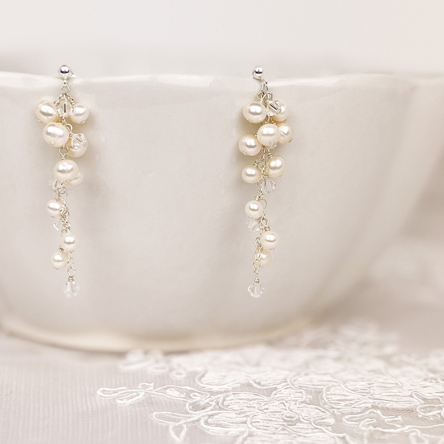 Bridal Earrings Freshwater Pearl Austrian Crystal Wedding Present Gift Gold Fill Sterling Silver Bride Heirloom Jewellery