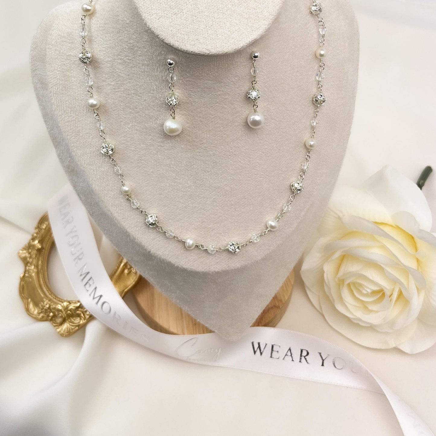 Wedding Jewelry Set Pearl Necklace Crystal Earrings Bridal Jewellery Gift Idea for Mother of Bride Present Daughter in Law Family Heirloom