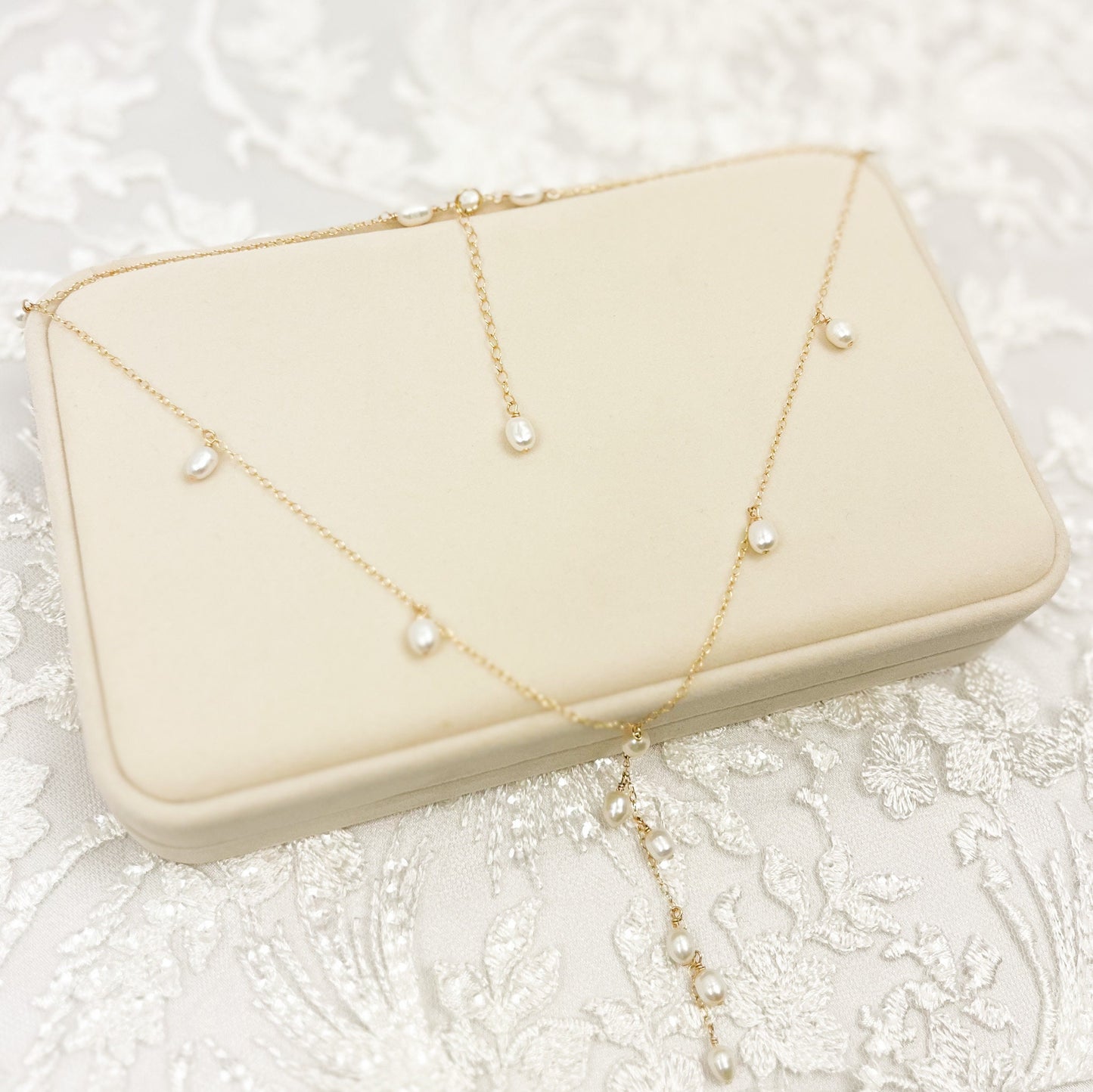 Bridal Lariat Necklace Freshwater Pearl Wedding Jewelry Austrian Crystal Bride Present Gold Fill Sterling Silver Gift Heirloom