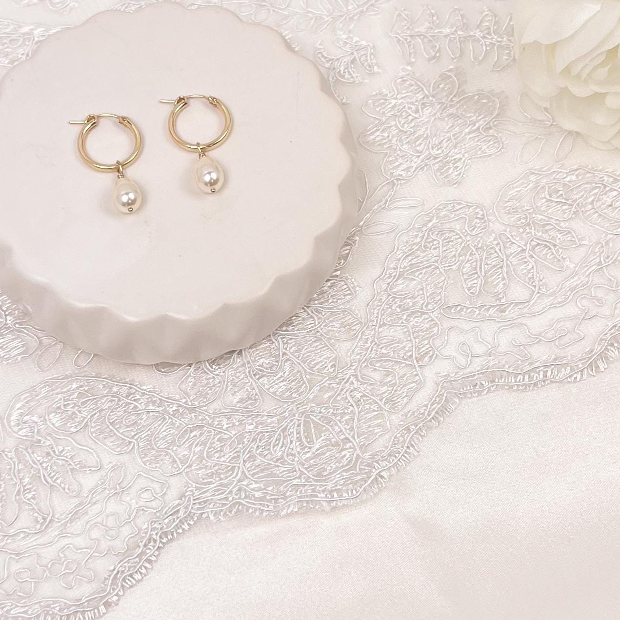 Pearl Teardrop Hoop Earrings Drop Dangle Gift Austrian Crystal Wedding Present for Mother of the Bride Jewelry Daughter in Law Bridal Shower