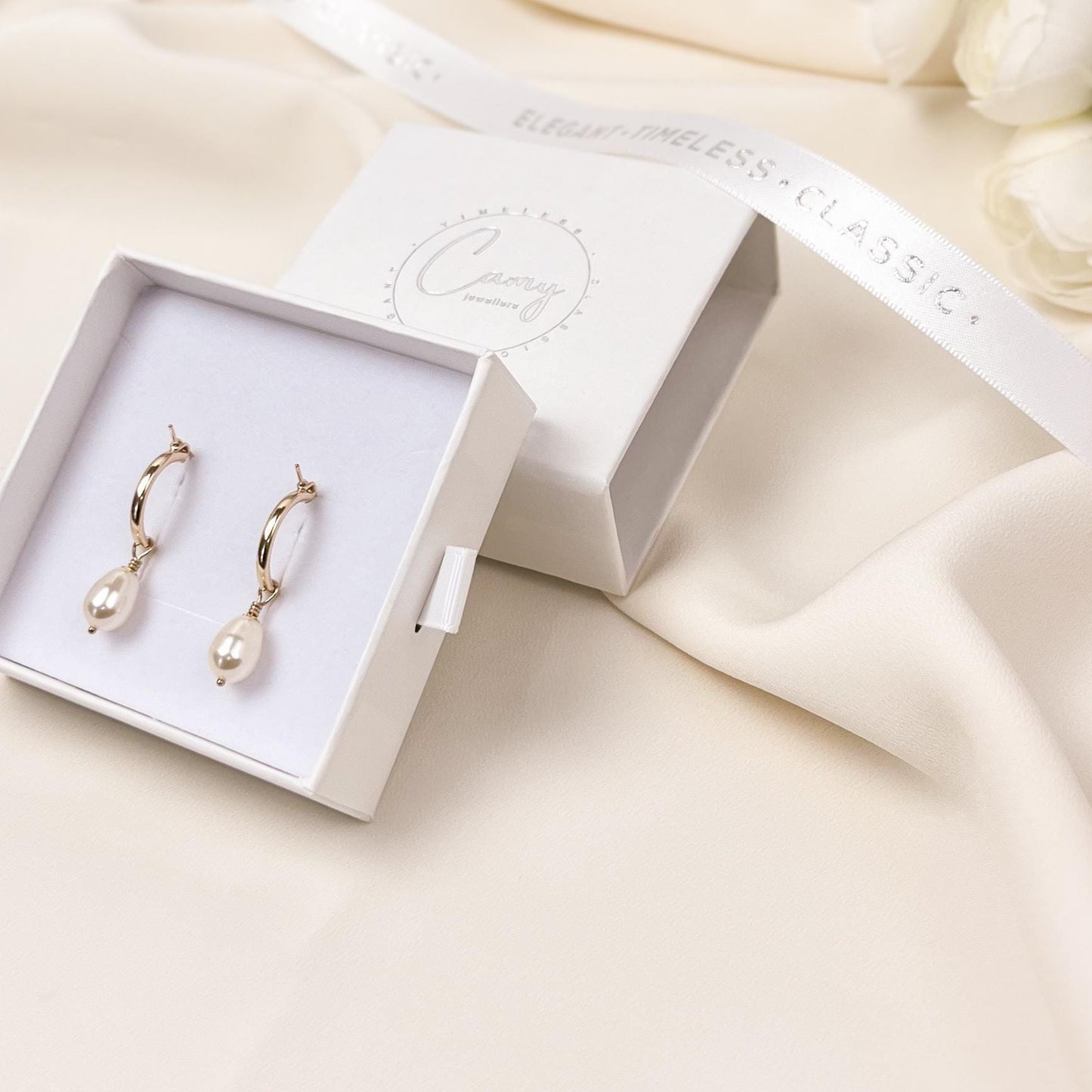 Pearl Teardrop Hoop Earrings Drop Dangle Gift Austrian Crystal Wedding Present for Mother of the Bride Jewelry Daughter in Law Bridal Shower