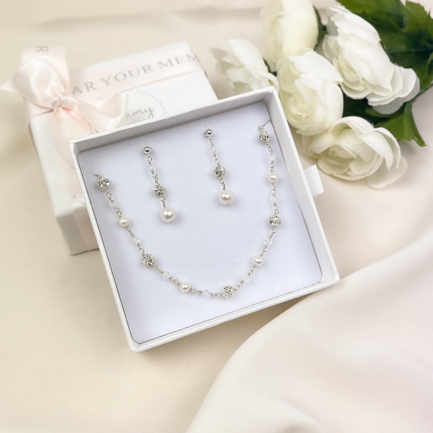 Wedding Jewelry Set Pearl Necklace Crystal Earrings Bridal Jewellery Gift Idea for Mother of Bride Present Daughter in Law Family Heirloom