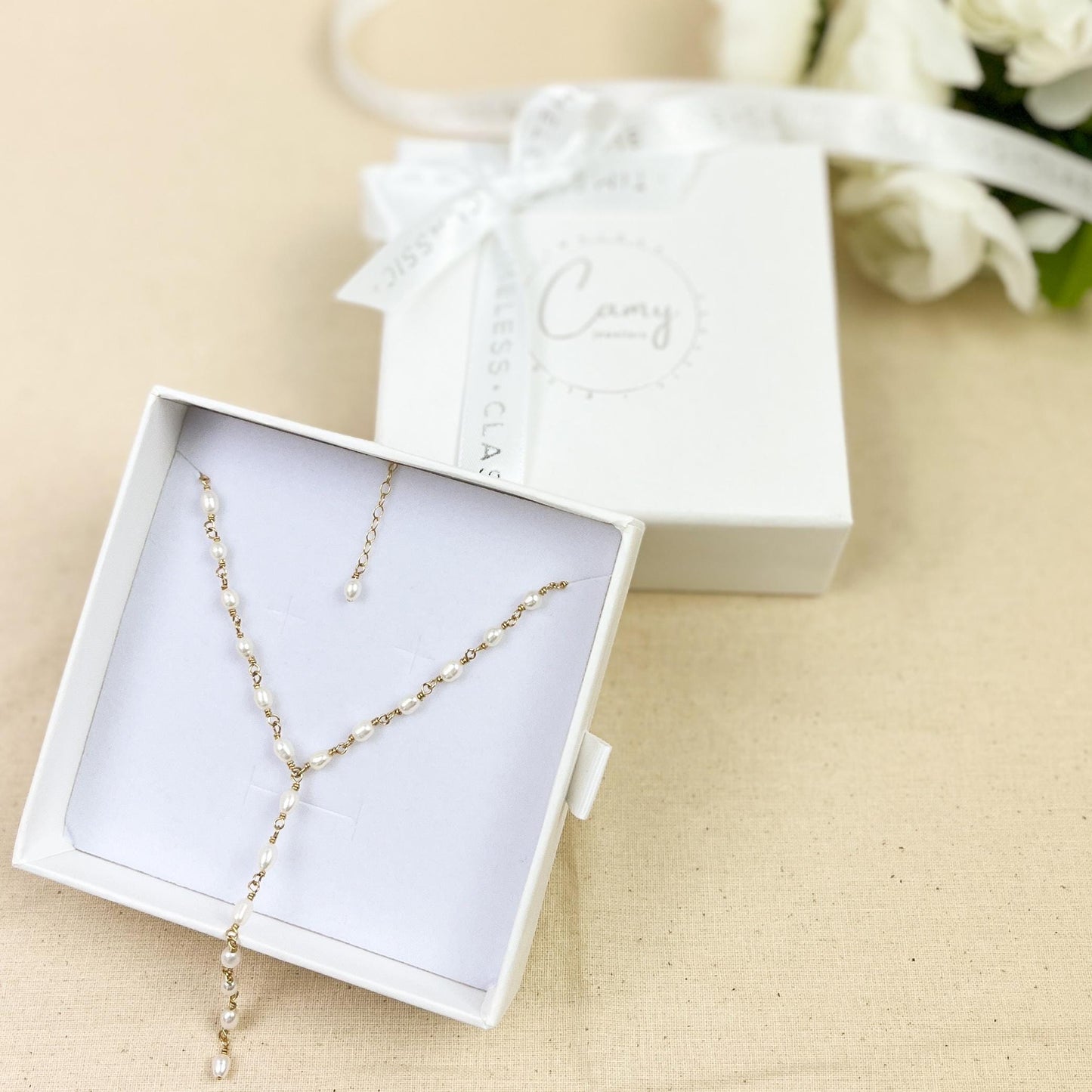 Gold Wedding Necklace Freshwater Pearl Lariat Bridal Shower Jewelry Gift Idea for Mother of Bride or Groom Jewellery Present Bride Heirloom