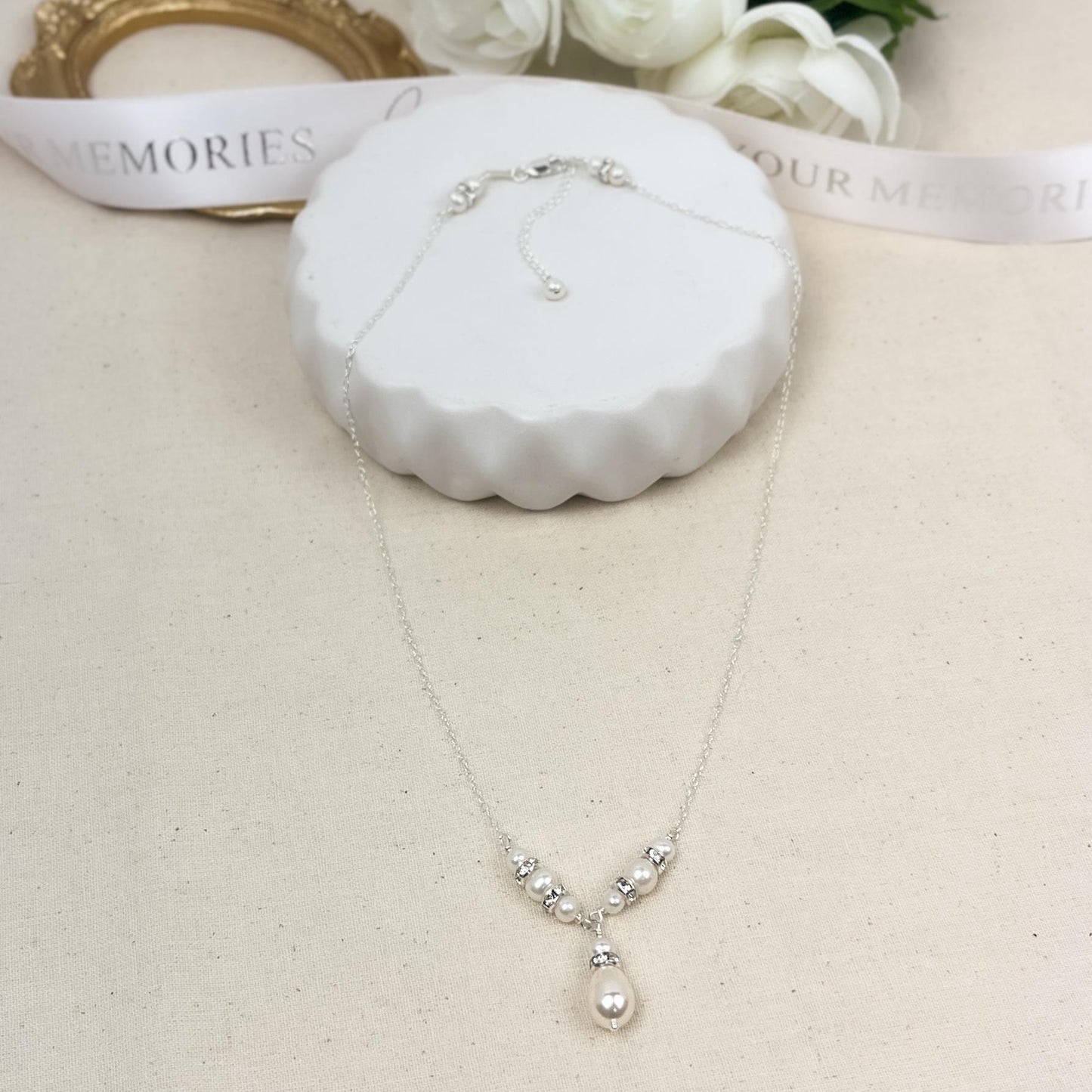 Wedding Day Long Drop Necklace Rhinestone V Shaped Pearl Beaded Gift for the Soon to be Bride from Groom Step Mom in Law Present Bridesmaid