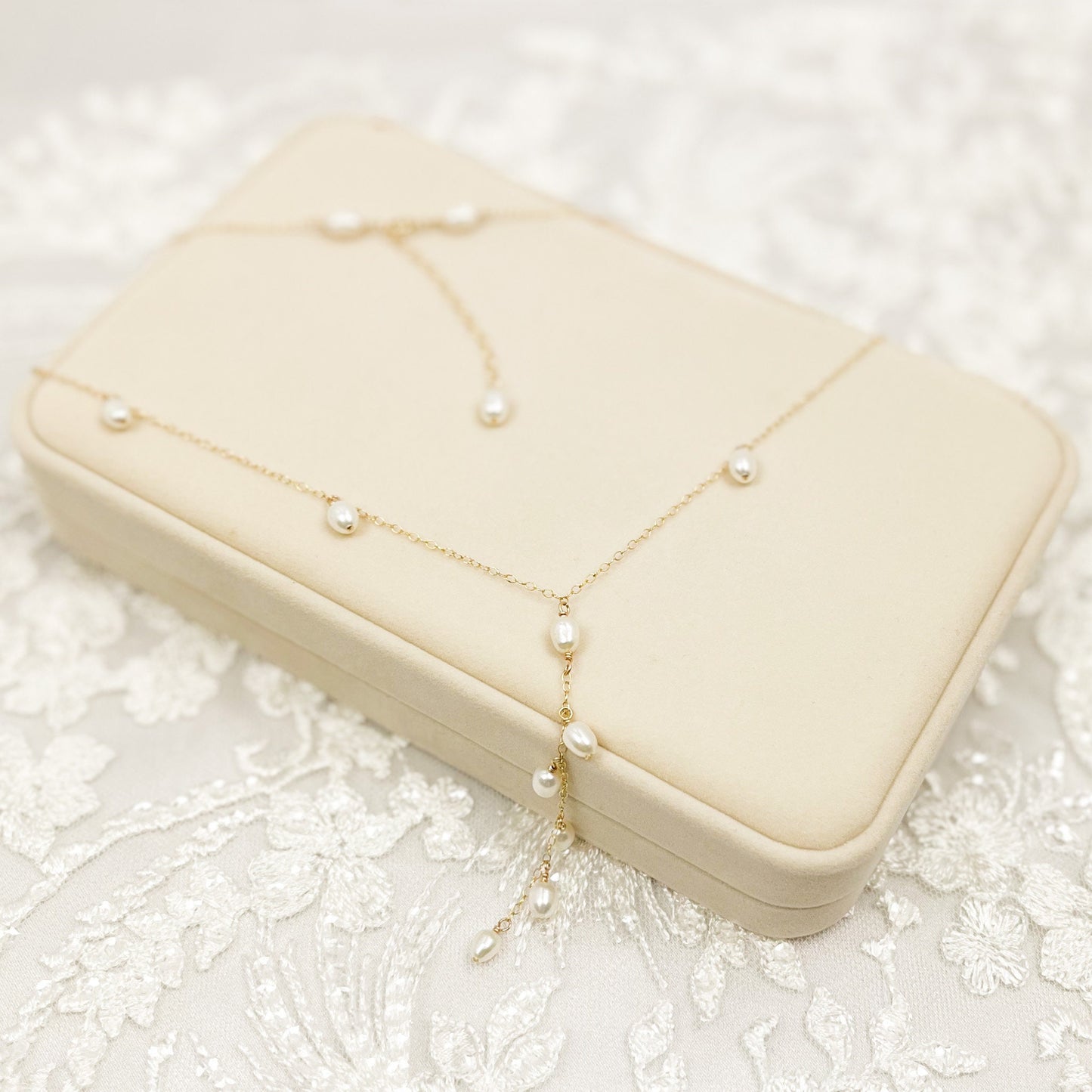 Bridal Lariat Necklace Freshwater Pearl Wedding Jewelry Austrian Crystal Bride Present Gold Fill Sterling Silver Gift Heirloom