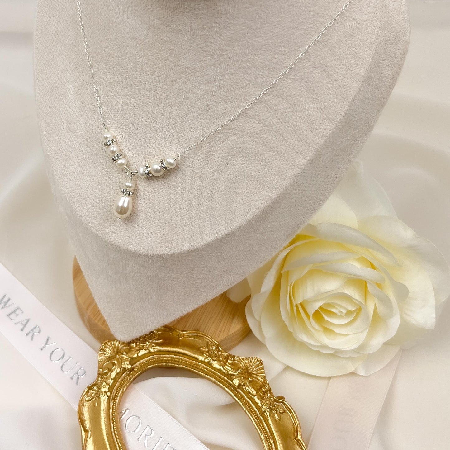 Wedding Day Long Drop Necklace Rhinestone V Shaped Pearl Beaded Gift for the Soon to be Bride from Groom Step Mom in Law Present Bridesmaid