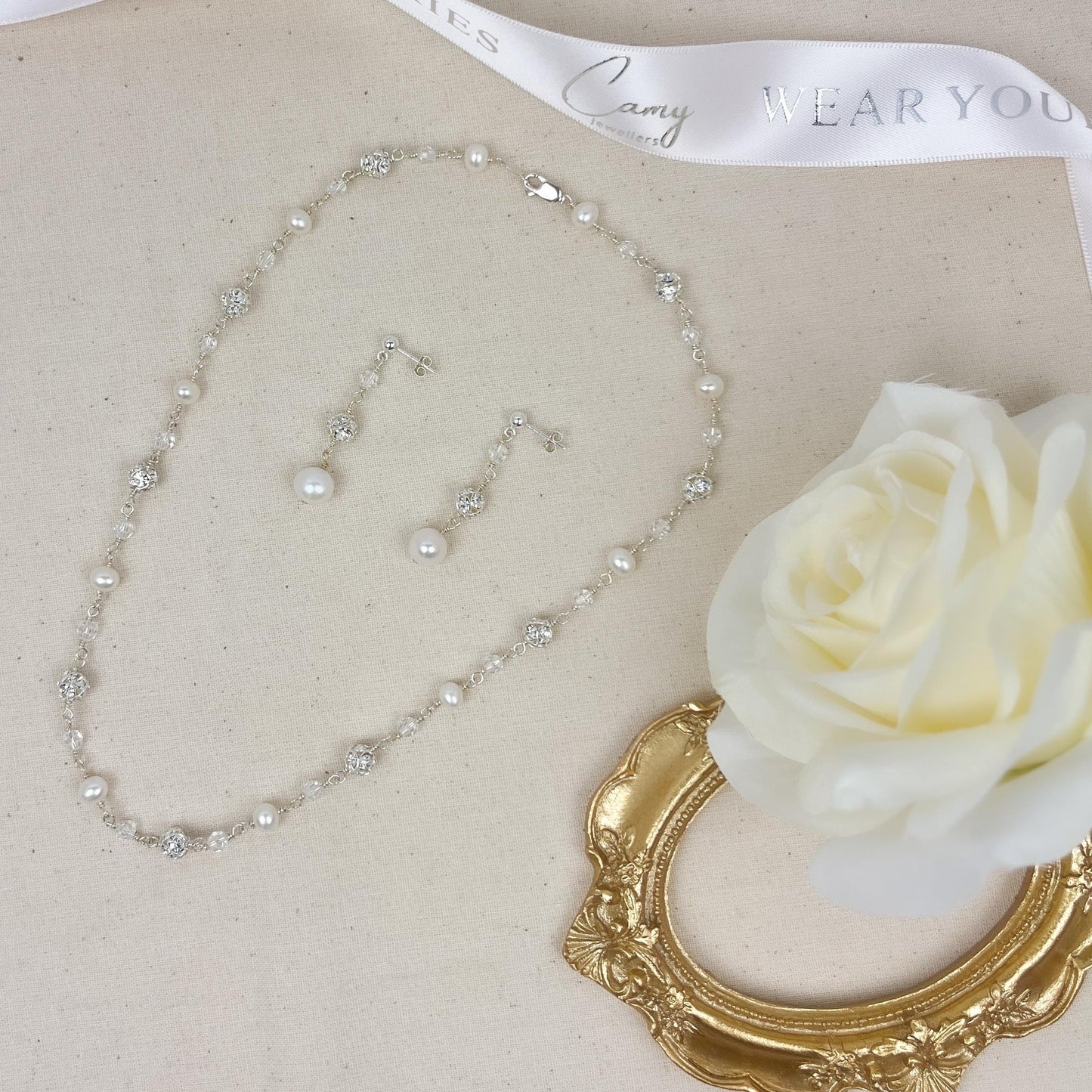 Wedding Jewelry Set Pearl Necklace Crystal Earrings Bridal Jewellery Gift Idea for Mother of Bride Present Daughter in Law Family Heirloom