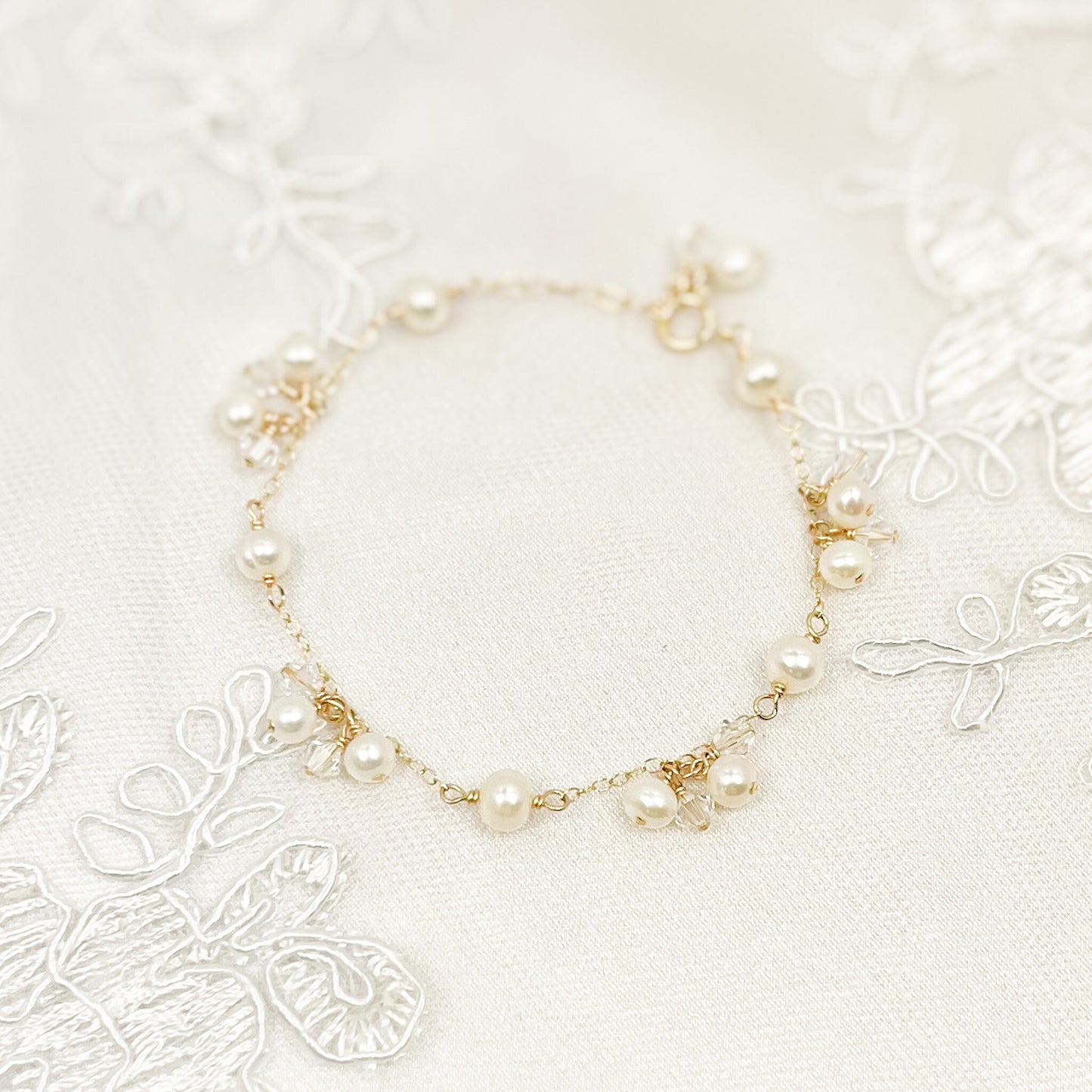 Bride Charm Bracelet Freshwater Pearl Bridal Jewellery Austrian Crystal Wedding Present Handmade Gift Gold Fill Sterling Silver