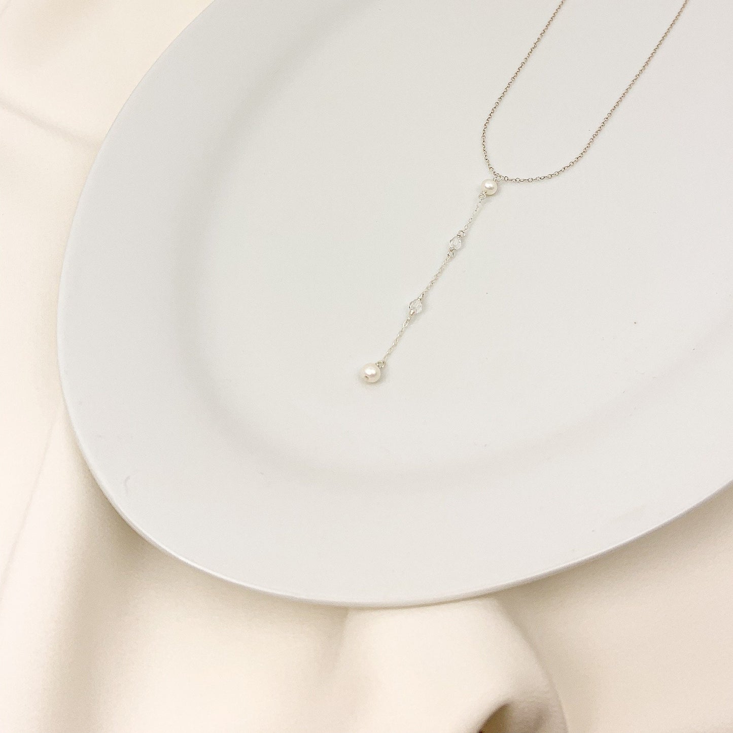 Crystal Lariat Y Necklace Austrian Jewelry Freshwater Pearl Gold Jewellery Silver Handmade Wedding Present Mother of the Bride Gift Idea