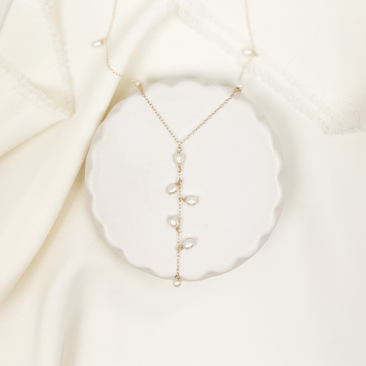 Bridal Lariat Necklace Freshwater Pearl Wedding Jewelry Austrian Crystal Bride Present Gold Fill Sterling Silver Gift Heirloom