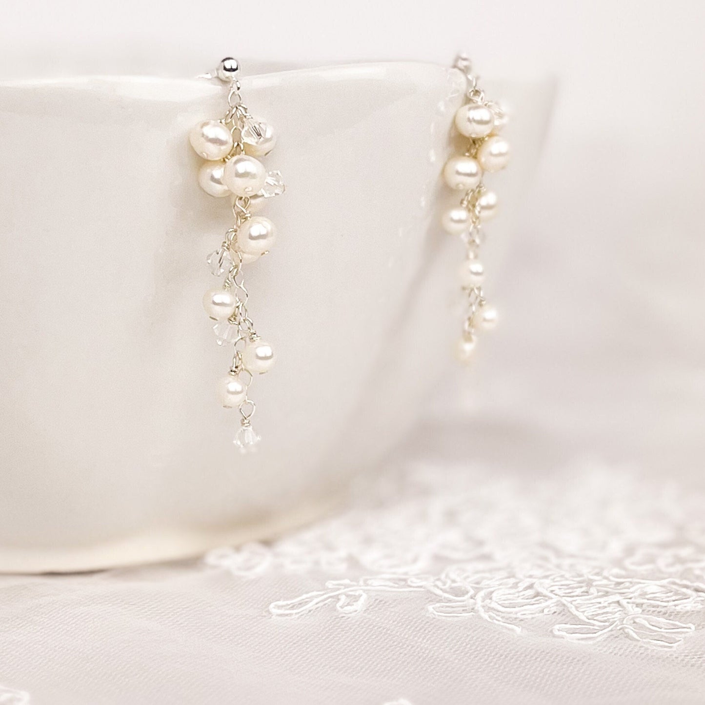 Bridal Earrings Freshwater Pearl Austrian Crystal Wedding Present Gift Gold Fill Sterling Silver Bride Heirloom Jewellery