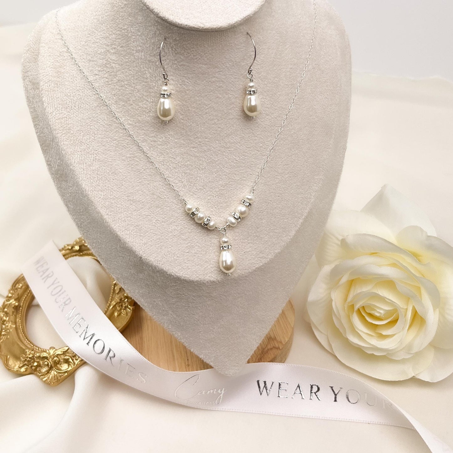 Wedding Jewelry Set Teardrop Pearl Earrings V Shaped Necklace Bridal Shower Gift Idea for Daughter in Law Present Bride from Groom Heirloom