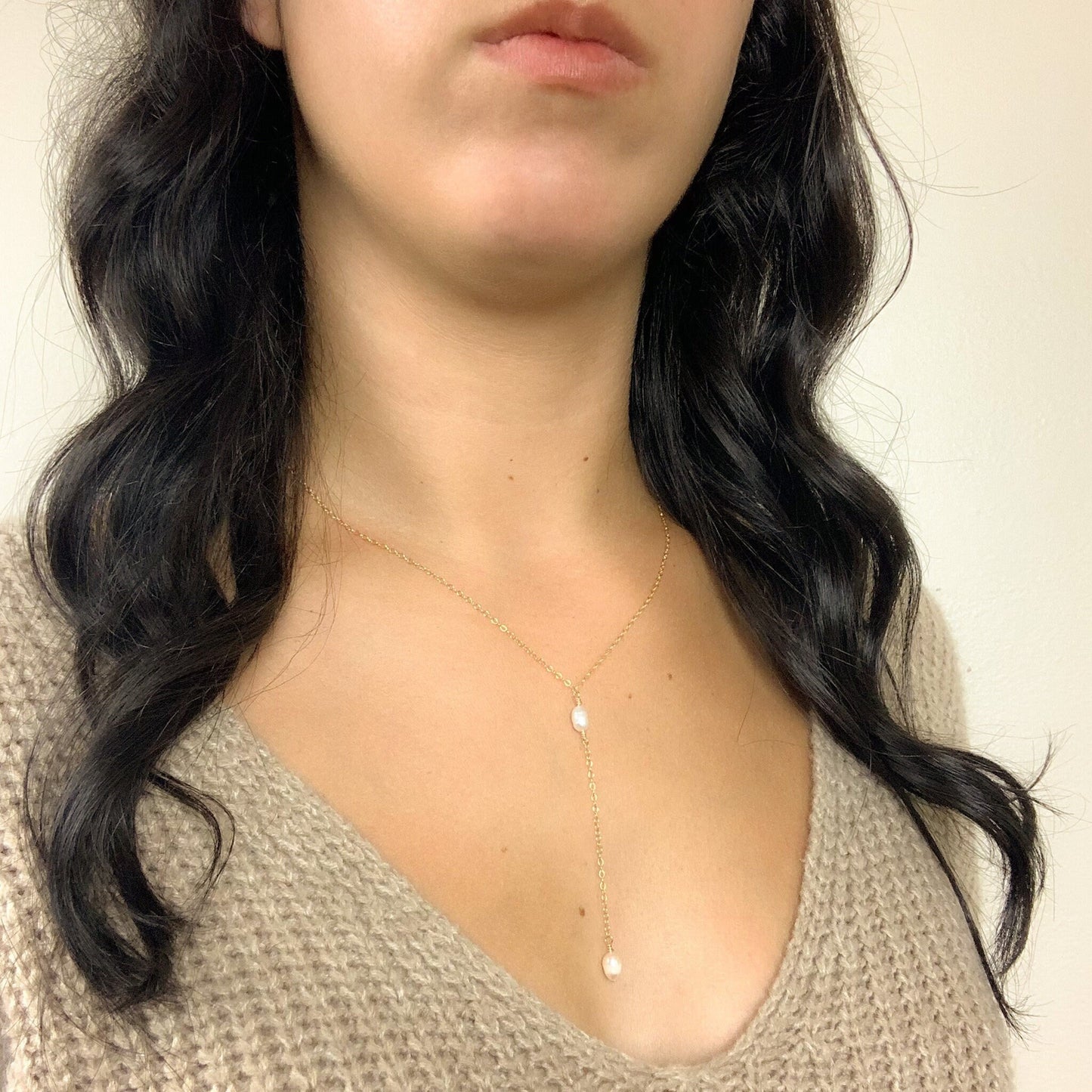 Lariat Y Necklace Freshwater Pearl Wedding Jewelry Gold Silver Bridal Jewellery Gift Idea For Mother of the Bride Handmade Present Dainty