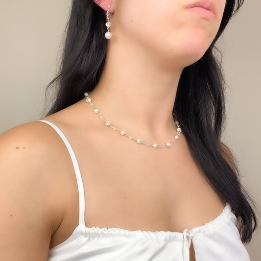Wedding Jewelry Set Pearl Necklace Crystal Earrings Bridal Jewellery Gift Idea for Mother of Bride Present Daughter in Law Family Heirloom