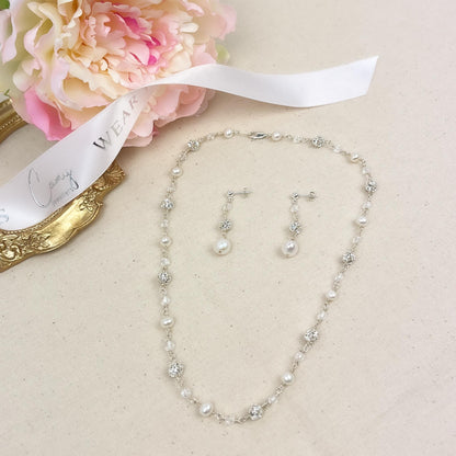 Wedding Jewelry Set Pearl Necklace Crystal Earrings Bridal Jewellery Gift Idea for Mother of Bride Present Daughter in Law Family Heirloom
