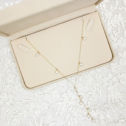 Bridal Lariat Necklace Freshwater Pearl Wedding Jewelry Austrian Crystal Bride Present Gold Fill Sterling Silver  Gift Heirloom
