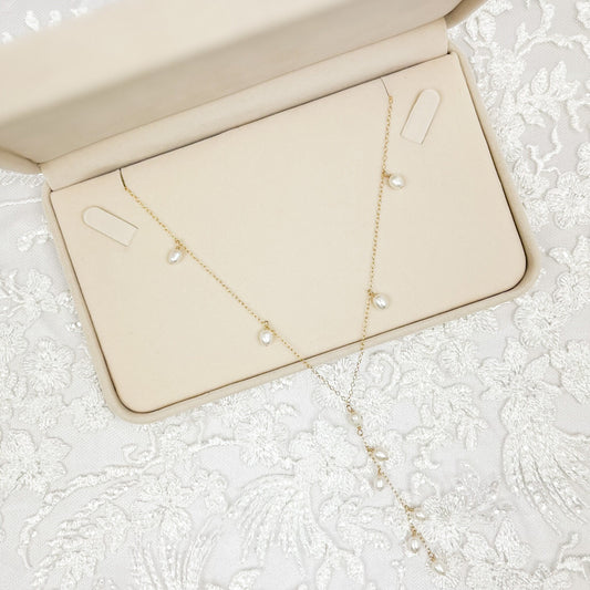 Bridal Lariat Necklace Freshwater Pearl Wedding Jewelry Austrian Crystal Bride Present Gold Fill Sterling Silver  Gift Heirloom