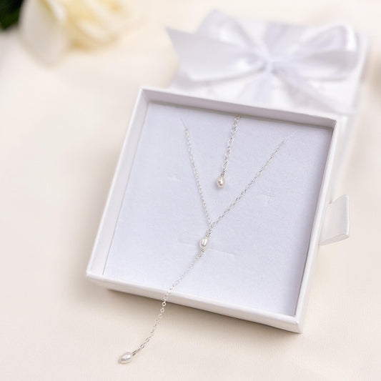 Lariat Y Necklace Freshwater Pearl Wedding Jewelry Gold Silver Bridal Jewellery Gift Idea For Mother of the Bride Handmade Present Dainty