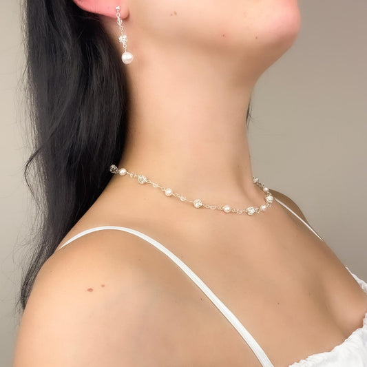 Wedding Jewelry Set Pearl Necklace Crystal Earrings Bridal Jewellery Gift Idea for Mother of Bride Present Daughter in Law Family Heirloom