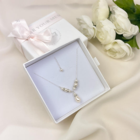 Wedding Day Long Drop Necklace Rhinestone V Shaped Pearl Beaded Gift for the Soon to be Bride from Groom Step Mom in Law Present Bridesmaid