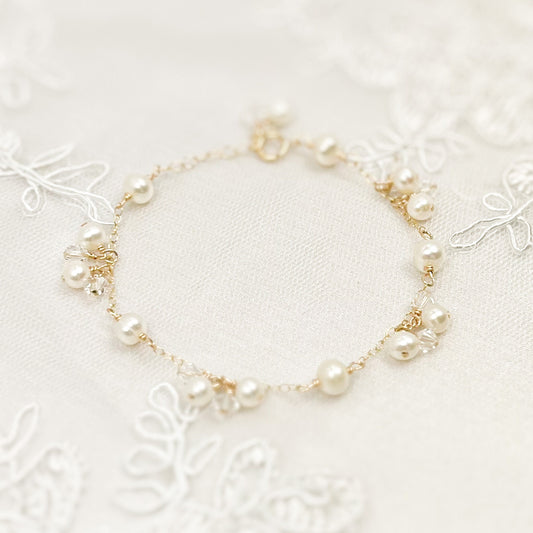 Charm Bracelet Austrian Crystal Freshwater Pearl Station Bracelet Gold Silver Anniversary Gift Idea for Wife Girlfriend Present Woman Girl
