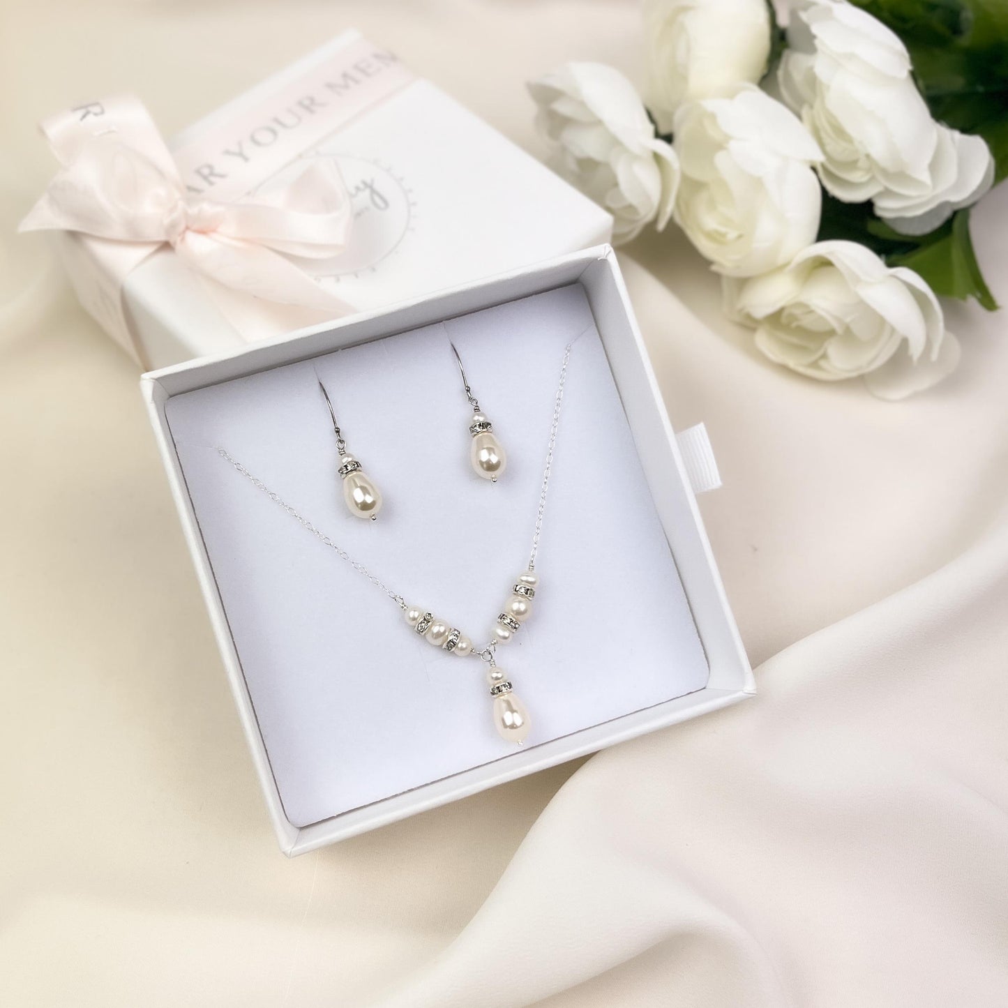 Wedding Jewelry Set Teardrop Pearl Earrings V Shaped Necklace Bridal Shower Gift Idea for Daughter in Law Present Bride from Groom Heirloom