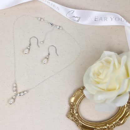 Wedding Jewelry Set Teardrop Pearl Earrings V Shaped Necklace Bridal Shower Gift Idea for Daughter in Law Present Bride from Groom Heirloom