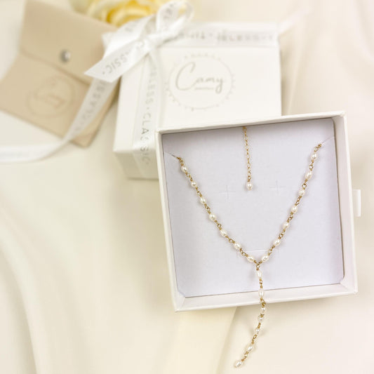 Gold Wedding Necklace Freshwater Pearl Lariat Bridal Shower Jewelry Gift Idea for Mother of Bride or Groom Jewellery Present Bride Heirloom
