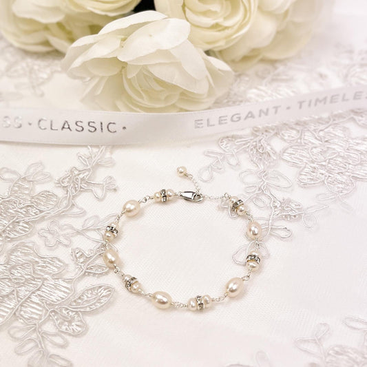 Freshwater Pearl Bracelet Genuine Austrian Crystal Handmade Jewellery 14k Gold Silver Anniversary Gift for Wife Birthday Present Idea Women