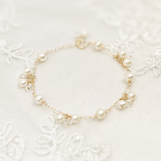Bride Charm Bracelet Freshwater Pearl Bridal Jewellery Austrian Crystal Wedding Present Handmade  Gift Gold Fill Sterling Silver