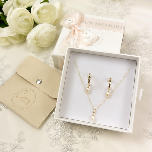 Stunning Freshwater Pearl Jewelry Set Oval Gemstone Long Drop Pendant Gold Silver Hoop Anniversary Gift for Wife from Husband Birthday Women