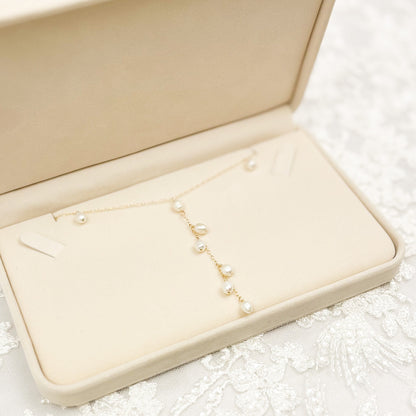 Bridal Lariat Necklace Freshwater Pearl Wedding Jewelry Austrian Crystal Bride Present Gold Fill Sterling Silver  Gift Heirloom