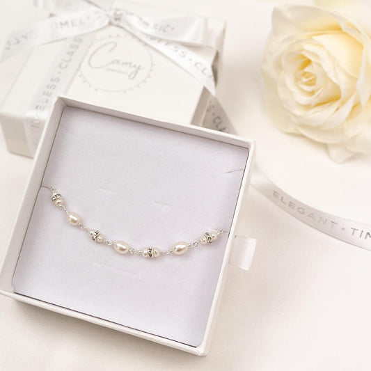Freshwater Pearl Bracelet Genuine Austrian Crystal Handmade Jewellery 14k Gold Silver Anniversary Gift for Wife Birthday Present Idea Women