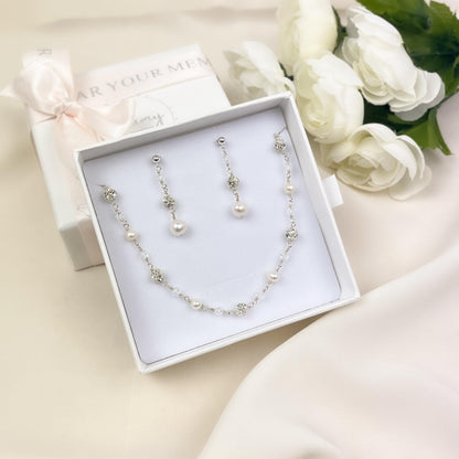 Wedding Jewelry Set Pearl Necklace Crystal Earrings Bridal Jewellery Gift Idea for Mother of Bride Present Daughter in Law Family Heirloom