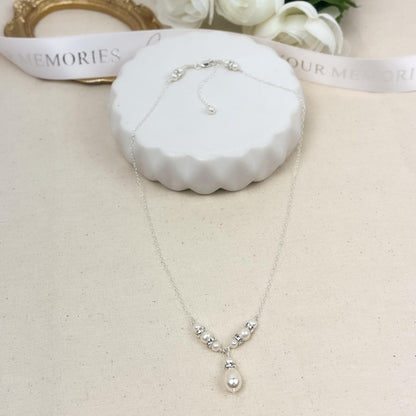 Wedding Day Long Drop Necklace Rhinestone V Shaped Pearl Beaded Gift for the Soon to be Bride from Groom Step Mom in Law Present Bridesmaid