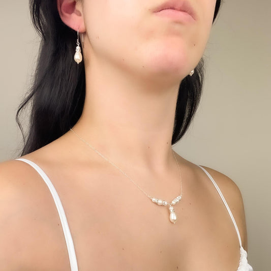 Wedding Jewelry Set Teardrop Pearl Earrings V Shaped Necklace Bridal Shower Gift Idea for Daughter in Law Present Bride from Groom Heirloom