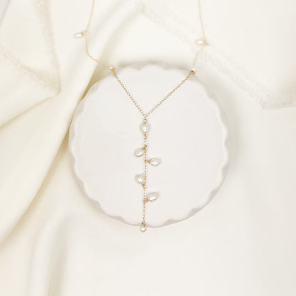 Bridal Lariat Necklace Freshwater Pearl Wedding Jewelry Austrian Crystal Bride Present Gold Fill Sterling Silver  Gift Heirloom