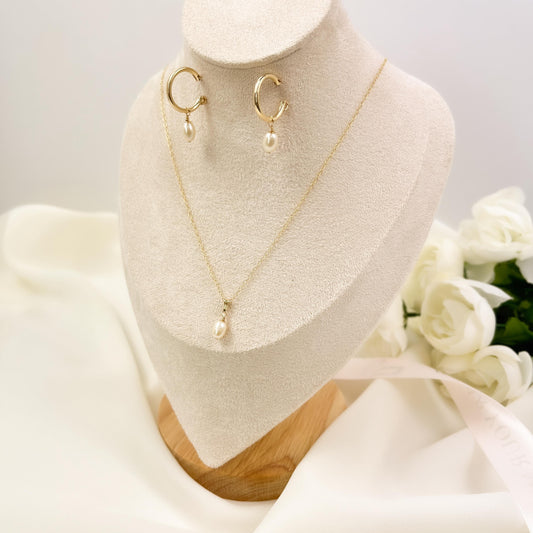 Stunning Freshwater Pearl Jewelry Set Oval Gemstone Long Drop Pendant Gold Silver Hoop Anniversary Gift for Wife from Husband Birthday Women