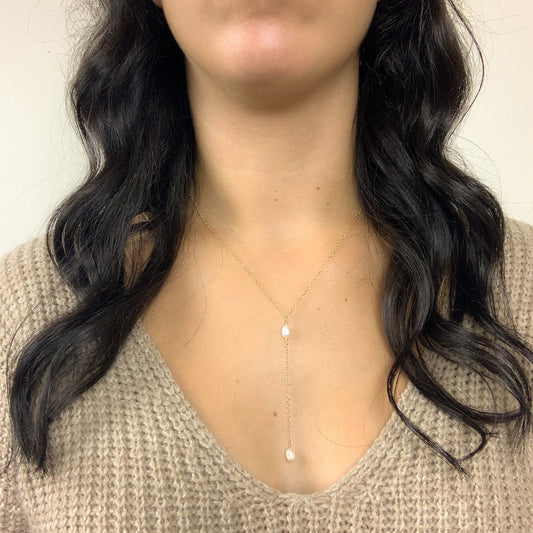 Lariat Y Necklace Freshwater Pearl Wedding Jewelry Gold Silver Bridal Jewellery Gift Idea For Mother of the Bride Handmade Present Dainty